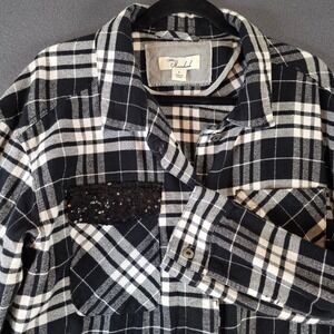 Caffe‎ Marrakesh Womens Plaid Sequin Accent Flannel Shirt Black White Large